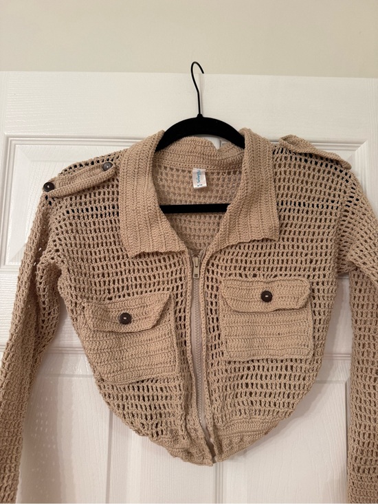 Andi Bagus Sweaters - ANDI BAGUS Beige Crocheted Zip-Front Cardigan Shrug
